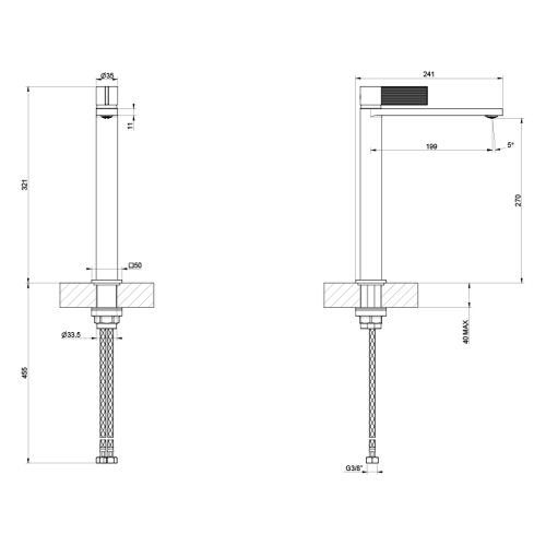 Immagine di Gessi INVERSO RIGATO miscelatore lavabo alto H.32 cm, senza scarico, con flessibili, finitura cromo 73504#031