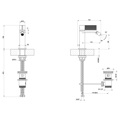 Immagine di Gessi INVERSO RIGATO miscelatore bidet, con scarico e flessibili, finitura cromo 73507#031