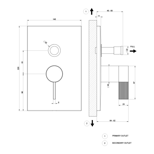 Immagine di Gessi INVERSO RIGATO miscelatore per bagno o doccia a parete, 2 vie, con deviatore automatico, senza corpo incasso, finitura cromo 73579#031