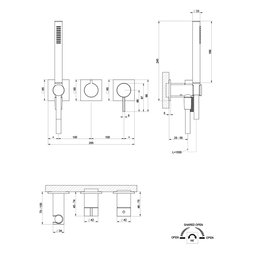 Immagine di Gessi INVERSO RIGATO miscelatore per doccia a parete, 2 vie, con deviatore e doccetta anticalcare, senza corpo incasso, finitura cromo 73536#031
