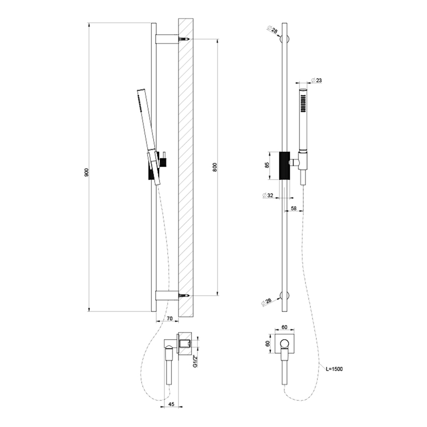 Immagine di Gessi INVERSO RIGATO asta saliscendi con presa acqua, doccetta anticalcare e flessibile 150 cm, finitura cromo 73541#031