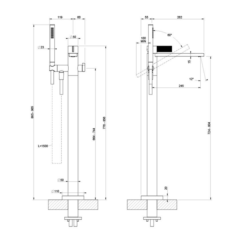 Immagine di Gessi INVERSO DIAMANTATO miscelatore da terra per vasca, con deviatore automatico e doccetta anticalcare, senza corpo incasso, finitura cromo 73628#031