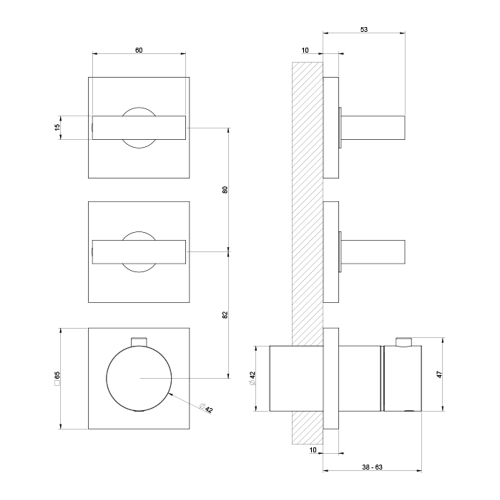Immagine di Gessi RETTANGOLO SHOWER miscelatore termostatico per doccia, da incasso, 2 uscite indipendenti, senza corpo incasso, installazione verticale e orizzontale, finitura cromo 44334#031