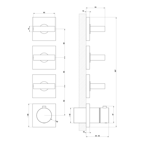 Immagine di Gessi RETTANGOLO SHOWER miscelatore termostatico per doccia, da incasso, 3 uscite indipendenti, senza corpo incasso, installazione verticale e orizzontale, finitura cromo 44336#031