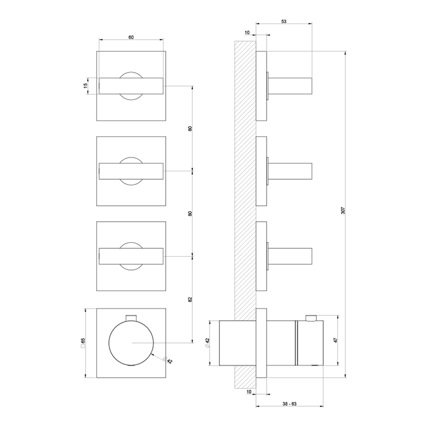 Immagine di Gessi SHOWER miscelatore termostatico per doccia, da incasso, 3 uscite indipendenti, senza corpo incasso, installazione verticale e orizzontale, finitura cromo 44336#031