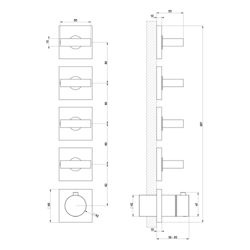 Immagine di Gessi SHOWER miscelatore termostatico per doccia, da incasso, 4 uscite indipendenti, senza corpo incasso, installazione verticale e orizzontale, finitura cromo 44338#031