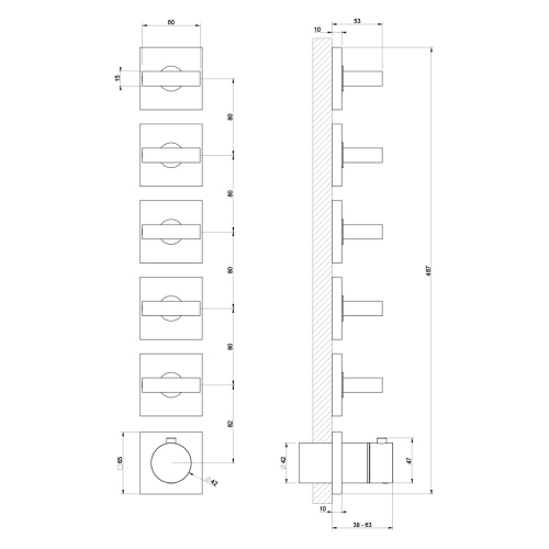 Immagine di Gessi SHOWER miscelatore termostatico per doccia, da incasso, 5 uscite indipendenti, senza corpo incasso, installazione verticale e orizzontale, finitura cromo 44340#031