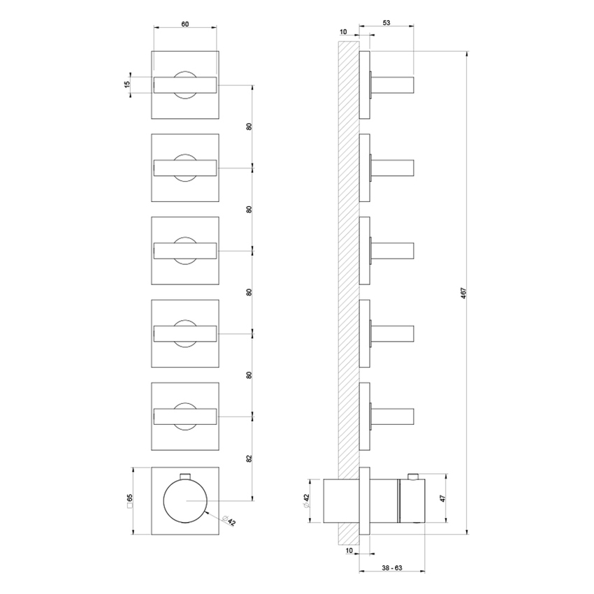 Immagine di Gessi SHOWER miscelatore termostatico per doccia, da incasso, 5 uscite indipendenti, senza corpo incasso, installazione verticale e orizzontale, finitura cromo 44340#031