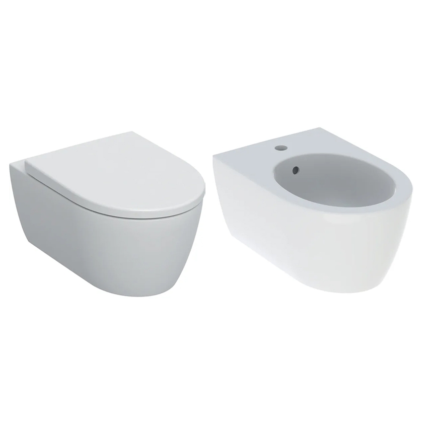 Immagine di Geberit ICON set sanitari sospesi, vaso Rimfree, con sedile a chiusura ammortizzata, bidet monoforo con troppopieno, colore bianco finitura lucido 501.663.00.1-501.898.00.1