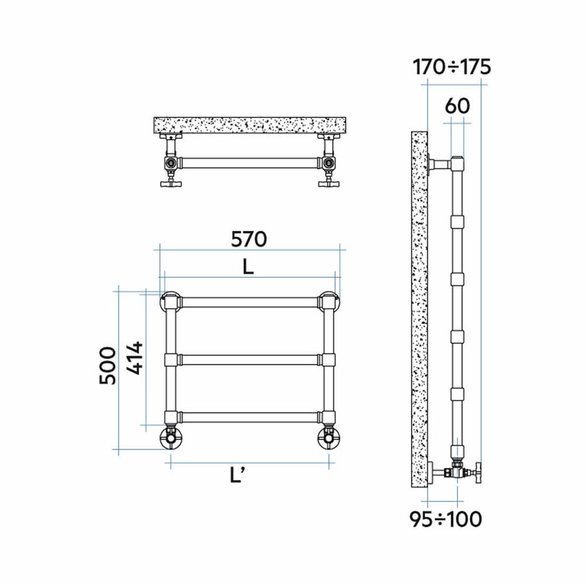 Immagine di Irsap MINUETTE scaldasalviette 3 tubi H.41,4 L.54 P.6 cm, 2 intervalli, finitura bronzo spazzolato Cod.54 MGU054B54IR01NNN01