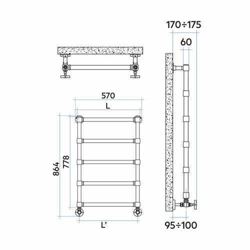 Immagine di Irsap MINUETTE scaldasalviette 5 tubi H.77,8 L.54 P.6 cm, 4 intervalli, finitura bronzo spazzolato Cod.54 MGP054B54IR01NNN01