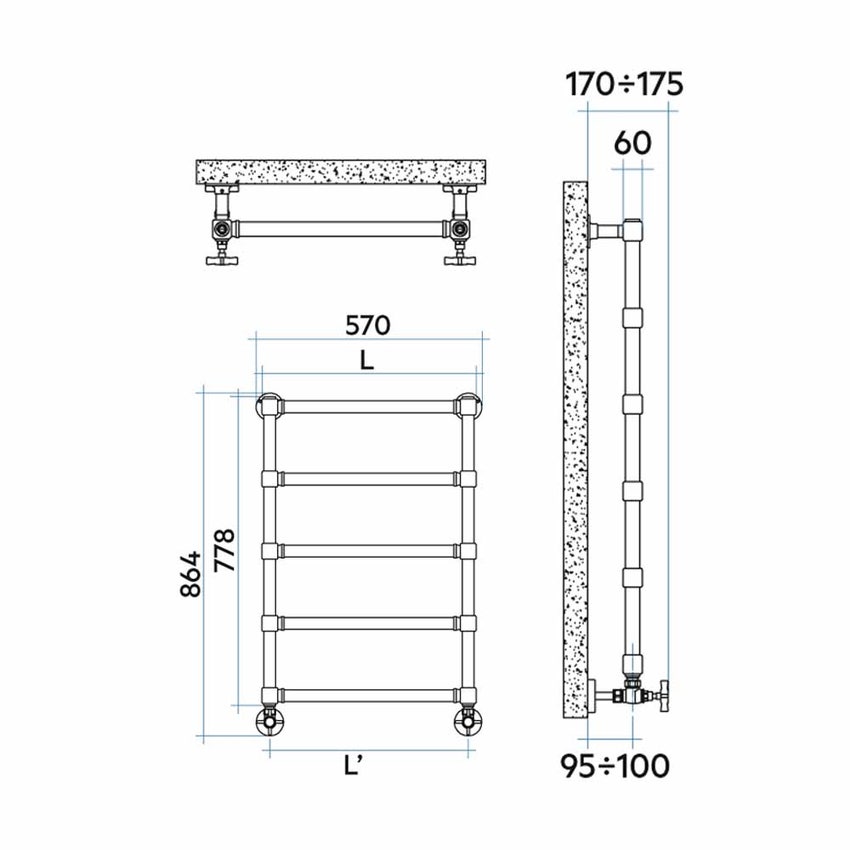 Immagine di Irsap MINUETTE scaldasalviette 5 tubi H.77,8 L.54 P.6 cm, 4 intervalli, finitura bronzo spazzolato Cod.54 MGP054B54IR01NNN01