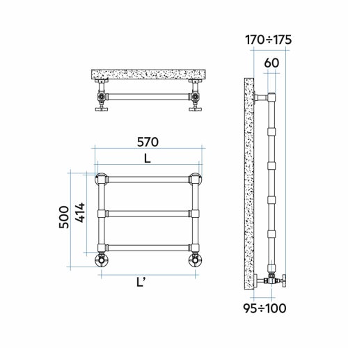 Immagine di Irsap MINUETTE scaldasalviette 3 tubi H.41,4 L.54 P.6 cm, 2 intervalli, finitura oro Cod.52 MGU054B52IR01NNN01