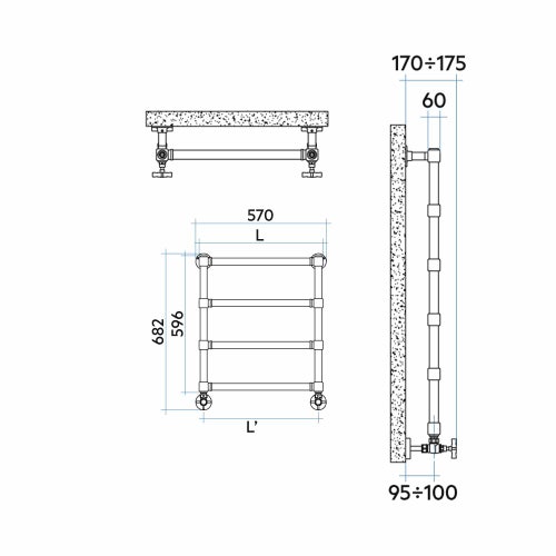 Immagine di Irsap MINUETTE scaldasalviette 4 tubi H.59,6 L.54 P.6 cm, 3 intervalli, finitura nickel satinato Cod.6E MGS054B6EIR01NNN