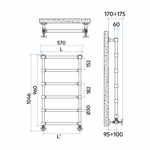 Immagine di Irsap MINUETTE scaldasalviette 6 tubi H.96 L.54 P.6 cm, 5 intervalli, finitura nickel satinato Cod.6E MGM054B6EIR01NNN