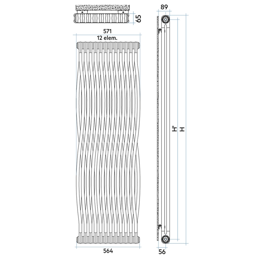 Immagine di Irsap TESI JOIN radiatore 12 elementi, H.200,2 L.57,1 P.6,5 cm, collegamento idraulico centrale 50 mm, colore bianco finitura opaco Cod.J8 RJ2200012J8IR50N03