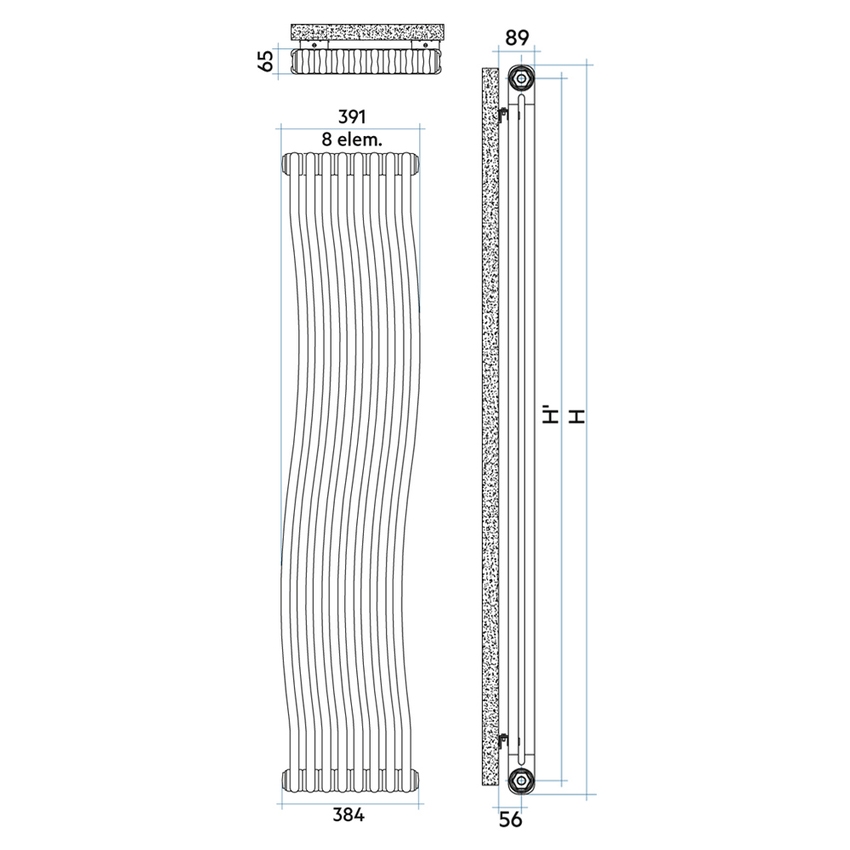 Immagine di Irsap TESI RUNNER radiatore 8 elementi, H.200,2 L.39,1 P.6,5 cm, allacciamento centrale, colore bianco RN220000801IR50N01