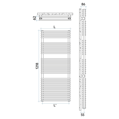 Immagine di Irsap FLAUTO 2 scaldasalviette doppio, 60 tubi, 3 intervalli, H.121,8 L.55,6 P.6,2 cm, colore bianco standard finitura lucido Cod.01 FDM055B01IR01NNN01