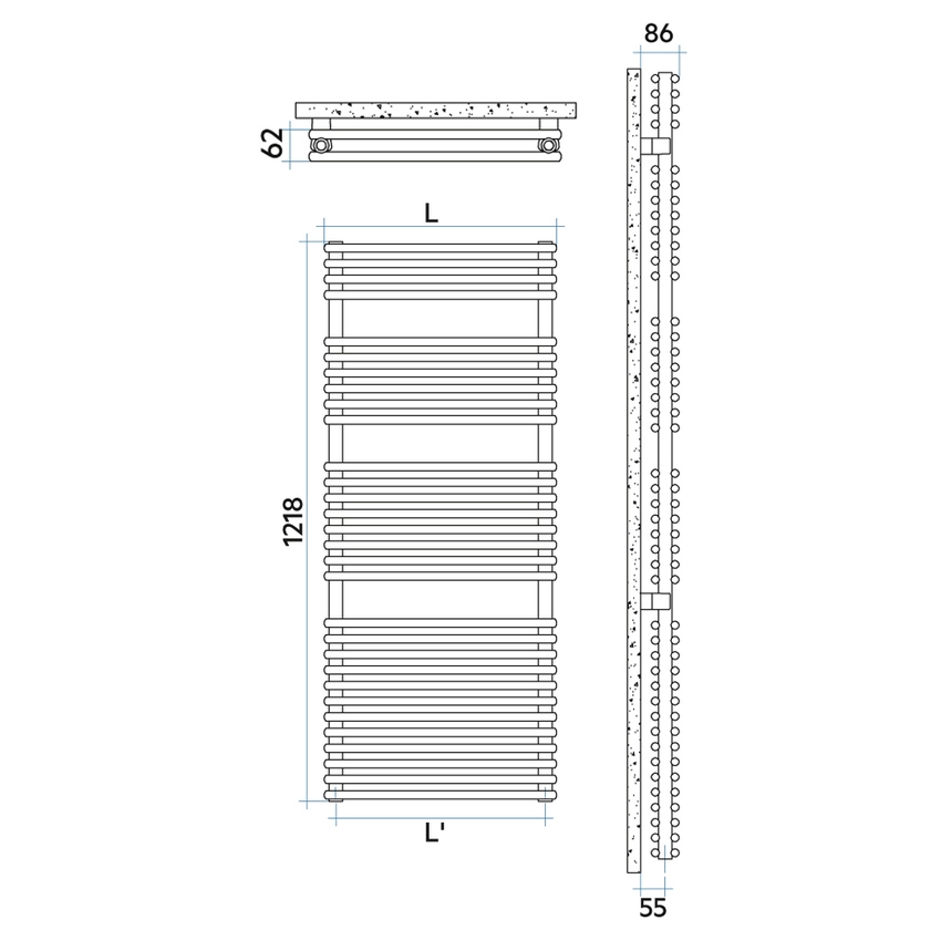 Immagine di Irsap FLAUTO 2 scaldasalviette doppio, 60 tubi, 3 intervalli, H.121,8 L.55,6 P.6,2 cm, colore bianco standard finitura lucido Cod.01 FDM055B01IR01NNN01