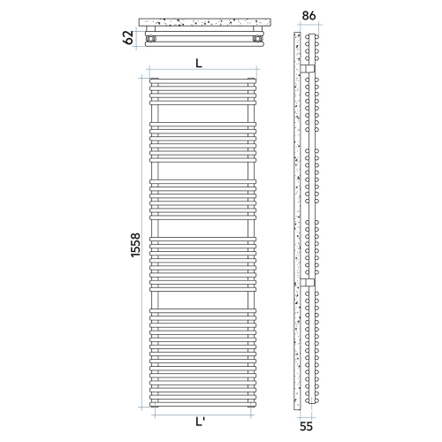 Immagine di Irsap FLAUTO 2 scaldasalviette doppio, 76 tubi, 4 intervalli, H.155,8 L.55,6 P.6,2 cm, colore bianco standard finitura lucido Cod.01 FDL055B01IR01NNN01