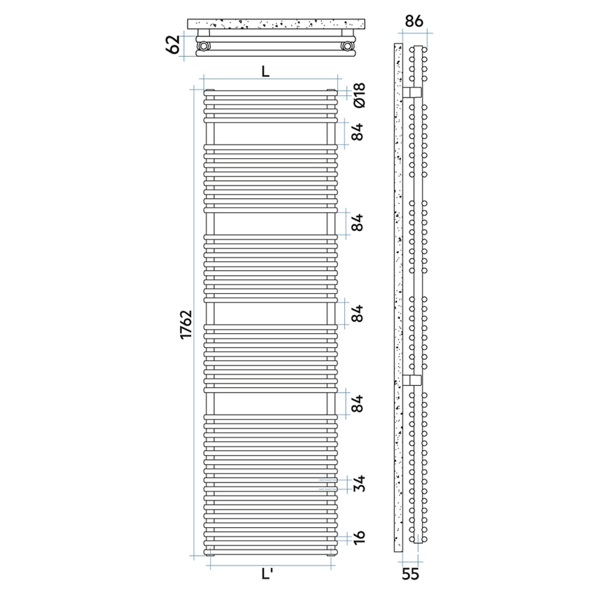 Immagine di Irsap FLAUTO 2 scaldasalviette doppio, 88 tubi, 4 intervalli, H.176,2 L.60,6 P.6,2 cm, colore bianco standard finitura lucido Cod.01 FDG060B01IR01NNN02
