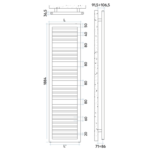 Immagine di Irsap ODDO scaldasalviette, 25 tubi, 3 intervalli, H.188,4 L.50 P.3,65 cm, attacchi centrali 50 mm, colore bianco standard finitura lucido Cod.01 LEE050B01IR05NNN01