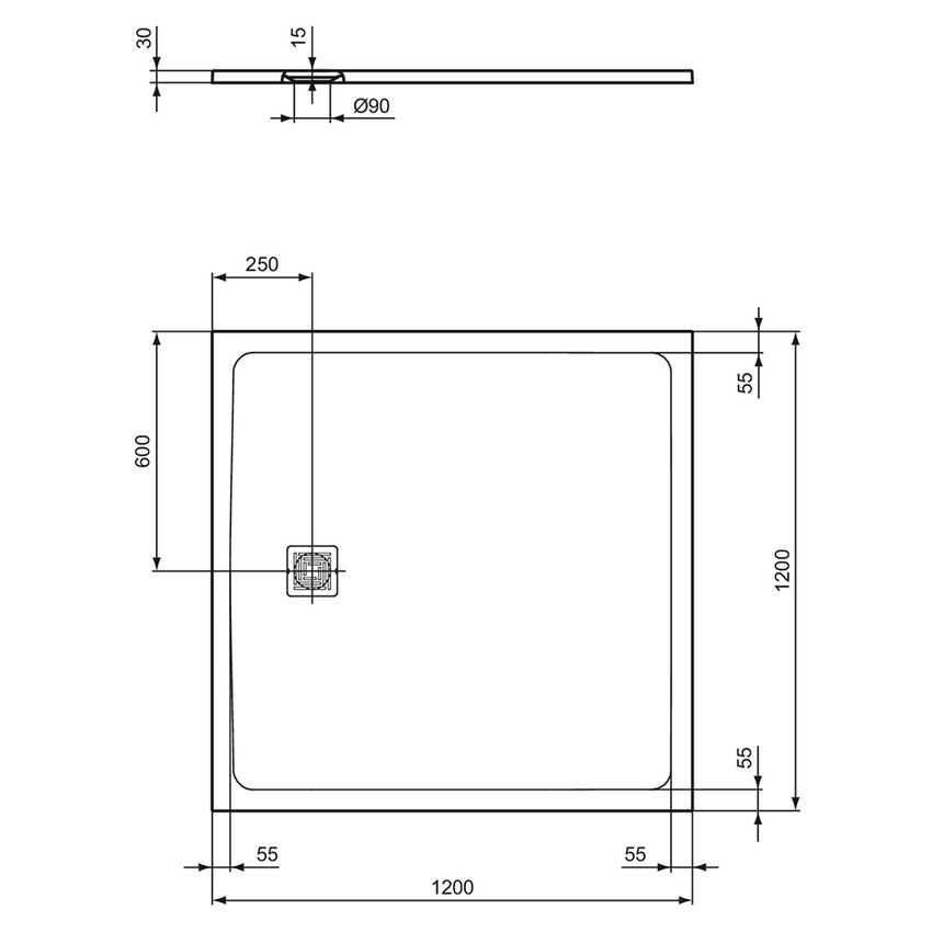 Immagine di Ideal Standard ULTRA FLAT S+ piatto doccia quadrato 120 cm, ultrapiatto, in IdealSolid, colore bianco finitura opaco T5615FR