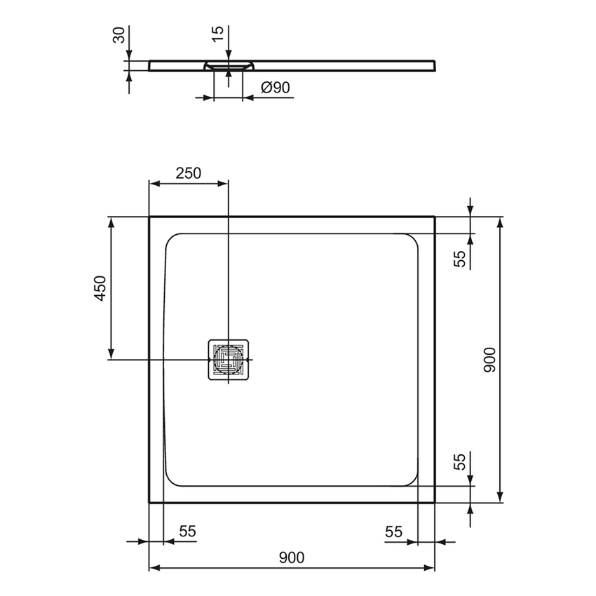 Immagine di Ideal Standard ULTRA FLAT S+ piatto doccia quadrato 90 cm, ultrapiatto, in IdealSolid, colore bianco finitura opaco T5597FR