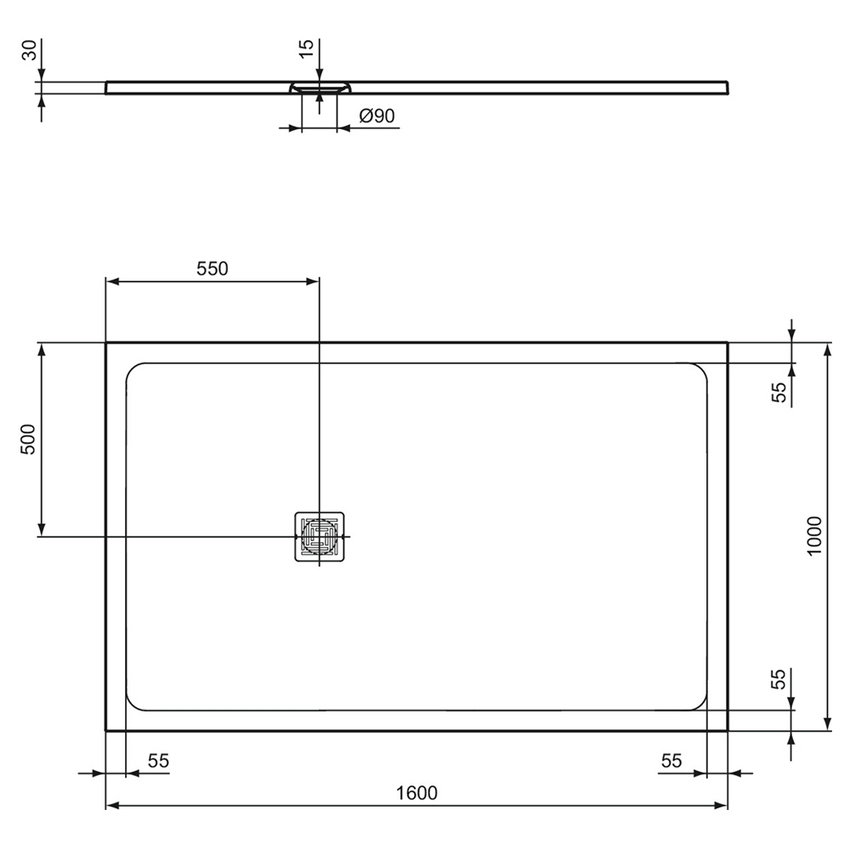 Immagine di Ideal Standard ULTRA FLAT S+ piatto doccia rettangolare L.160 P.100 cm, ultrapiatto, in IdealSolid, con scarico sul lato corto, colore sabbia finitura opaco T5610FT