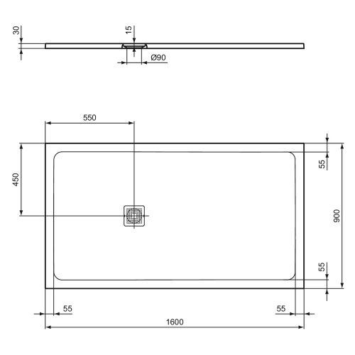 Immagine di Ideal Standard ULTRA FLAT S+ piatto doccia rettangolare L.160 P.90 cm, ultrapiatto, in IdealSolid, con scarico sul lato corto, colore bianco finitura opaco T5601FR
