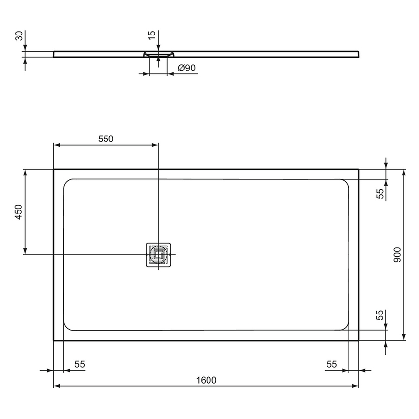 Immagine di Ideal Standard ULTRA FLAT S+ piatto doccia rettangolare L.160 P.90 cm, ultrapiatto, in IdealSolid, con scarico sul lato corto, colore bianco finitura opaco T5601FR