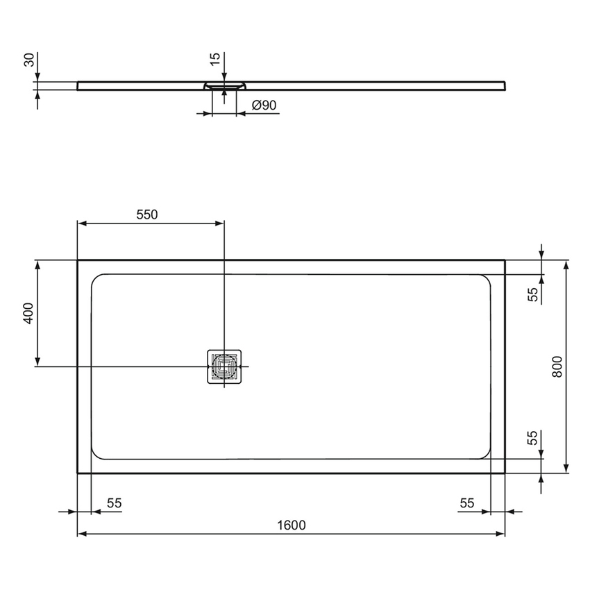 Immagine di Ideal Standard ULTRA FLAT S+ piatto doccia rettangolare L.160 P.80 cm, ultrapiatto, in IdealSolid, con scarico sul lato corto, colore bianco finitura opaco T5602FR