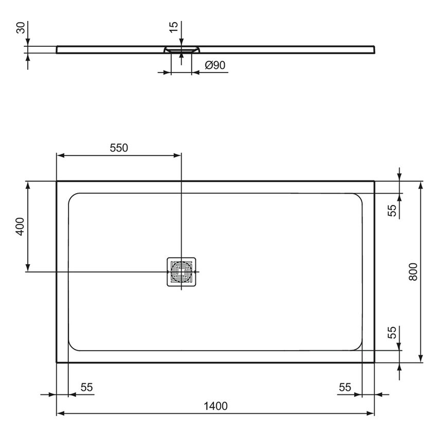 Immagine di Ideal Standard ULTRA FLAT S+ piatto doccia rettangolare L.140 P.80 cm, ultrapiatto, in IdealSolid, con scarico sul lato corto, colore bianco finitura opaco T5599FR