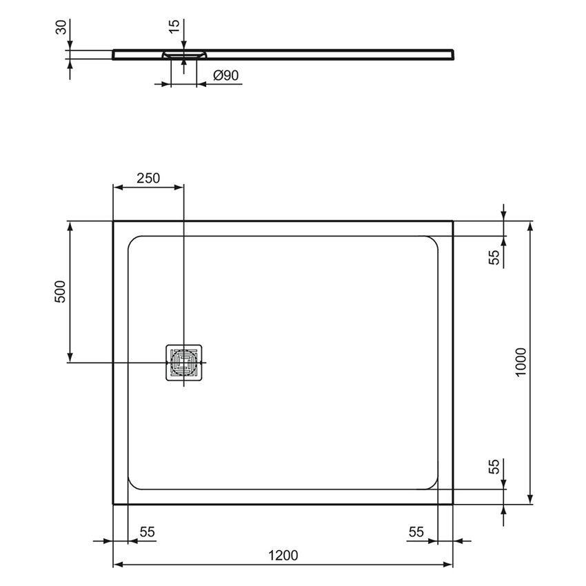 Immagine di Ideal Standard ULTRA FLAT S+ piatto doccia rettangolare L.120 P.100 cm, ultrapiatto, in IdealSolid, con scarico sul lato corto, colore bianco finitura opaco T5605FR