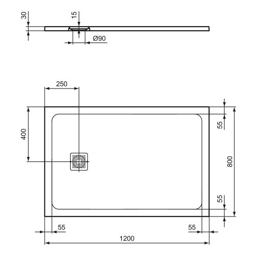 Immagine di Ideal Standard ULTRA FLAT S+ piatto doccia rettangolare L.120 P.80 cm, ultrapiatto, in IdealSolid, con scarico sul lato corto, colore grigio cemento finitura opaco T5594FS