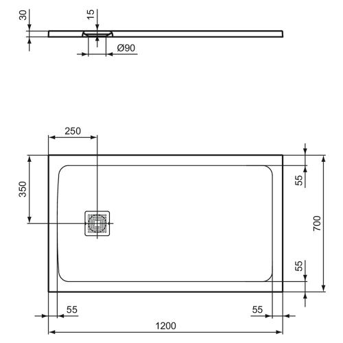 Immagine di Ideal Standard ULTRA FLAT S+ piatto doccia rettangolare L.120 P.70 cm, in IdealSolid, con scarico sul lato corto, colore bianco finitura opaco T5603FR