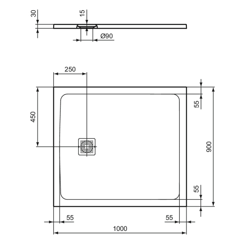 Immagine di Ideal Standard ULTRA FLAT S+ piatto doccia rettangolare L.100 P.90 cm, ultrapiatto, in IdealSolid, con scarico sul lato corto, colore sabbia finitura opaco T5607FT