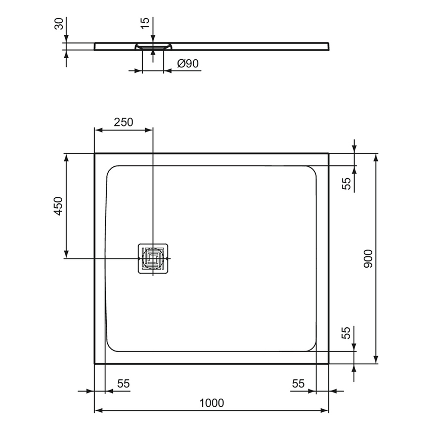 Immagine di Ideal Standard ULTRA FLAT S+ piatto doccia rettangolare L.100 P.90 cm, ultrapiatto, in IdealSolid, con scarico sul lato corto, colore bianco finitura opaco T5607FR