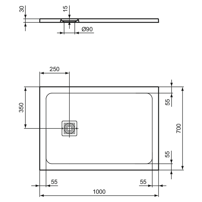 Immagine di Ideal Standard ULTRA FLAT S+ piatto doccia rettangolare L.100 P.70 cm, ultrapiatto, in IdealSolid, con scarico sul lato corto, colore bianco finitura opaco T5606FR