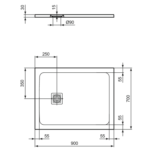 Immagine di Ideal Standard ULTRA FLAT S+ piatto doccia rettangolare L.90 P.70 cm, ultrapiatto, in IdealSolid, con scarico sul lato corto, colore grigio cemento finitura opaco T5604FS
