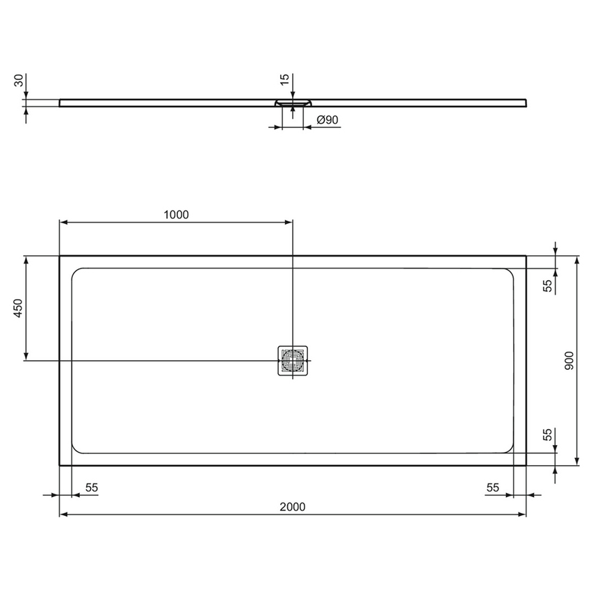 Immagine di Ideal Standard ULTRA FLAT S+ piatto doccia rettangolare L.200 P.90 cm, ultrapiatto, in IdealSolid, con scarico centrale, colore grigio cemento finitura opaco T5618FS