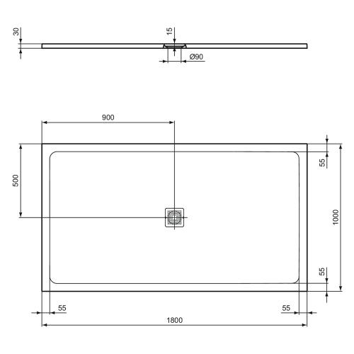 Immagine di Ideal Standard ULTRA FLAT S+ piatto doccia rettangolare L.180 P.100 cm, ultrapiatto, in IdealSolid, con scarico centrale, colore grigio cemento finitura opaco T5619FS