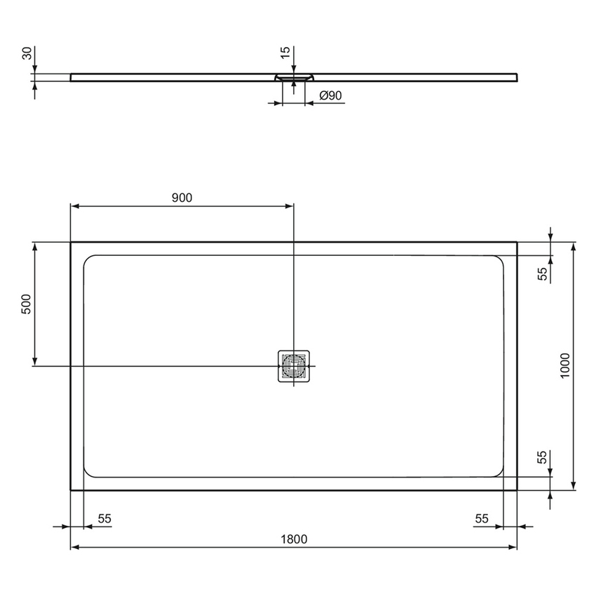 Immagine di Ideal Standard ULTRA FLAT S+ piatto doccia rettangolare L.180 P.100 cm, ultrapiatto, in IdealSolid, con scarico centrale, colore grigio cemento finitura opaco T5619FS