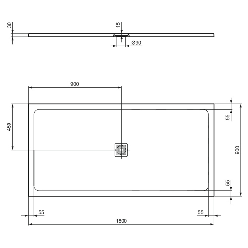 Immagine di Ideal Standard ULTRA FLAT S+ piatto doccia rettangolare L.180 P.90 cm, ultrapiatto, in IdealSolid, con scarico centrale, colore grigio cemento finitura opaco T5609FS