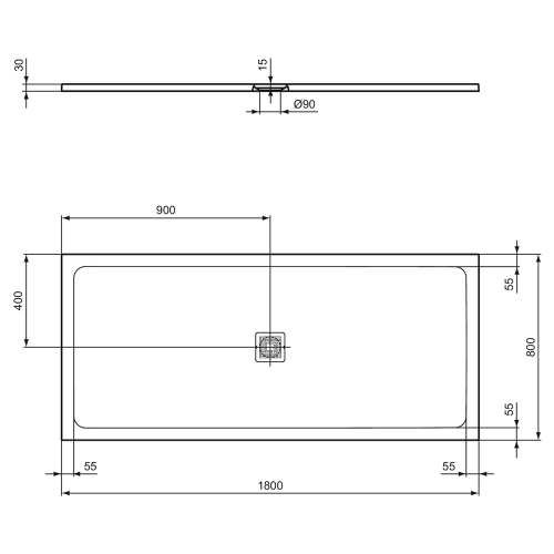 Immagine di Ideal Standard ULTRA FLAT S+ piatto doccia rettangolare L.180 P.80 cm, ultrapiatto, in IdealSolid, con scarico centrale, colore bianco finitura opaco T5612FR