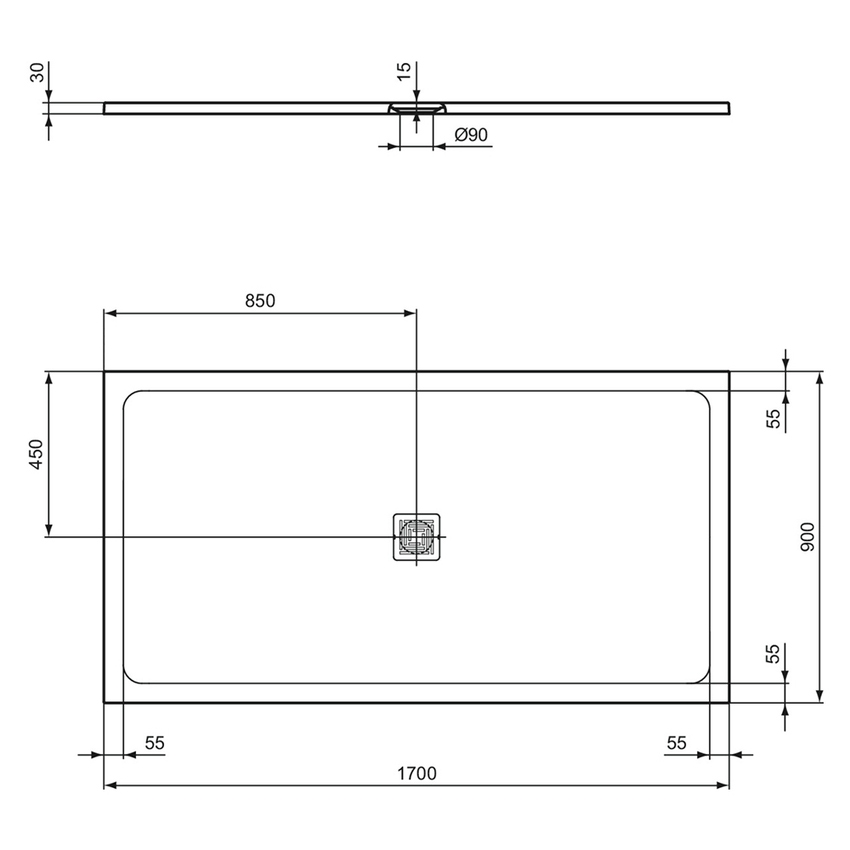 Immagine di Ideal Standard ULTRA FLAT S+ piatto doccia rettangolare L.170 P.90 cm, ultrapiatto, in IdealSolid, con scarico centrale, colore sabbia finitura opaco T5616FT