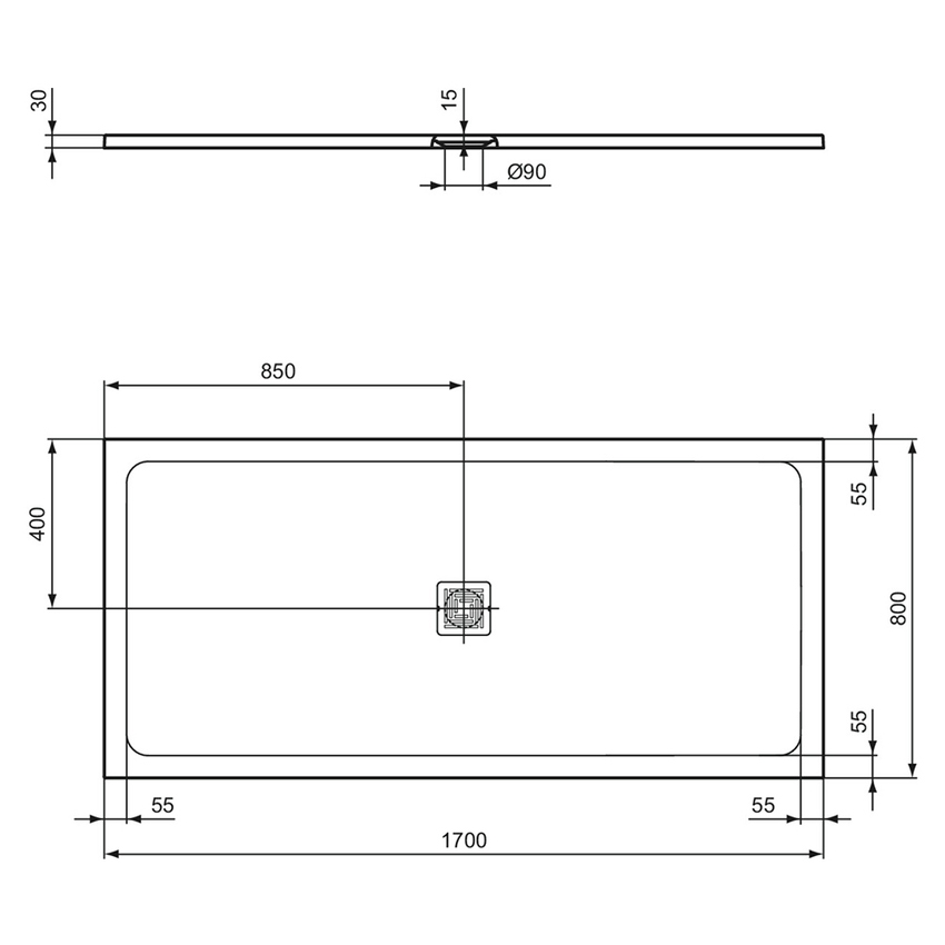 Immagine di Ideal Standard ULTRA FLAT S+ piatto doccia rettangolare L.170 P.80 cm, ultrapiatto, in IdealSolid, con scarico centrale, colore sabbia finitura opaco T5611FT