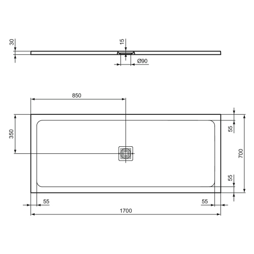 Immagine di Ideal Standard ULTRA FLAT S+ piatto doccia rettangolare L.170 P.70 cm, ultrapiatto, in IdealSolid, con scarico centrale, colore bianco finitura opaco T5614FR