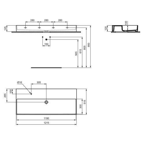 Immagine di Ideal Standard SOLOS lavabo rettificato L.122 cm, sospeso o da appoggio, senza troppopieno, con foro per rubinetteria, colore bianco finitura lucido T536701