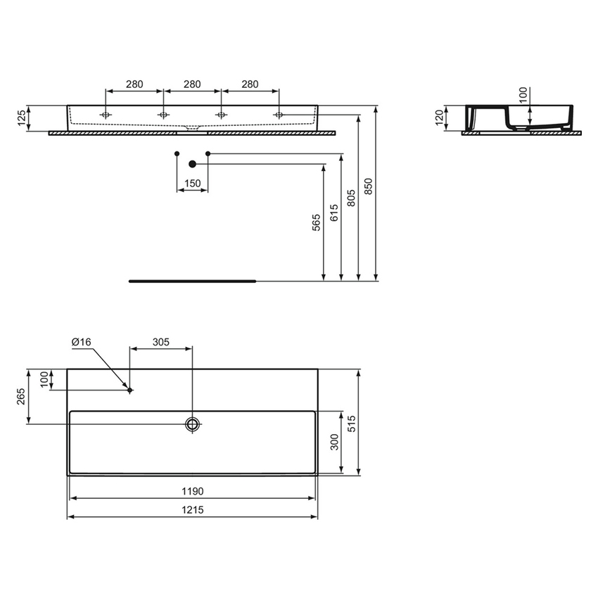 Immagine di Ideal Standard SOLOS lavabo rettificato L.122 cm, sospeso o da appoggio, senza troppopieno, con foro per rubinetteria, colore bianco finitura lucido T536701